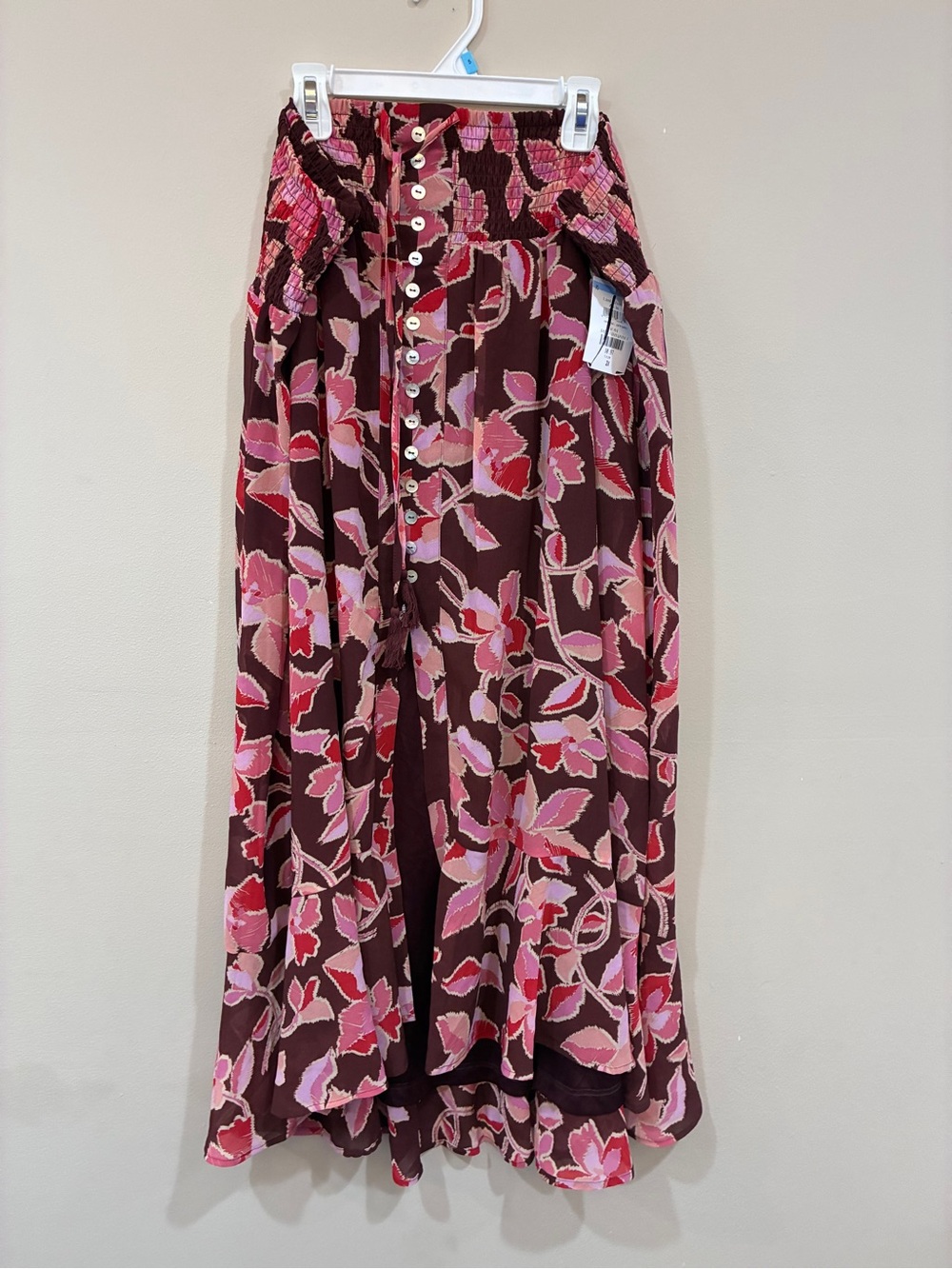 DR2 Burgundy Dark Floral High-Low Button Skirt with Pink Accents